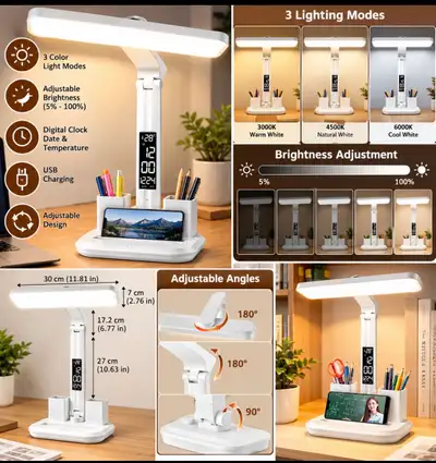 LED Desk Lamp with Digital Clock and USB Charging, View more