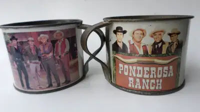 1970's "PONDEROSA RANCH " Tin Lithograph Mug Cup / Bonanza TV Show BOTH Cups For $20 -VIEW OTHER ADS...