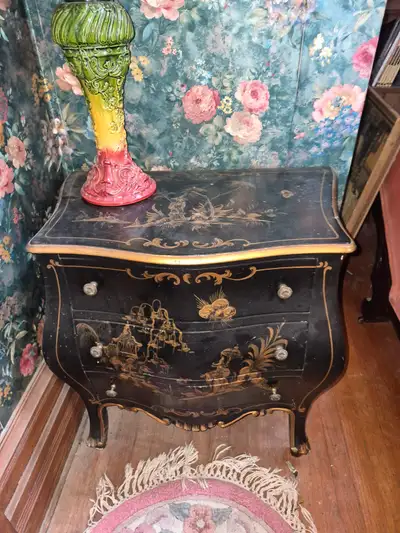 Vintage Bombay Chest Black with Oriental Gold Bas Relief, View more