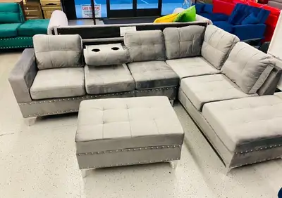 Velvet Sectional Fabric Sofa + Storage Ottoman + Built in Cups , View more