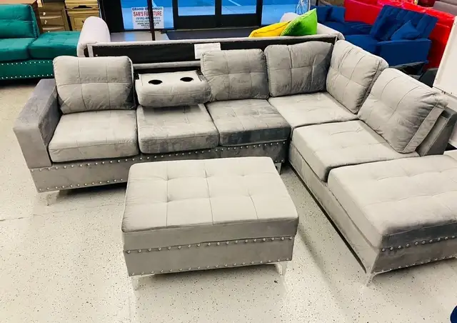 Velvet Sectional Fabric Sofa + Storage Ottoman + Built in Cups  in Couches & Futons in Stratford - Image 2