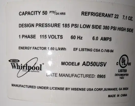 Whirlpool Dehumidifier62863282218499123