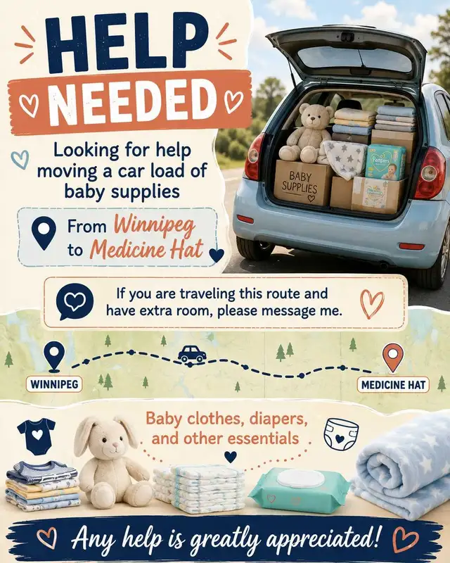 Need car load of baby stuff to Medicine Hat