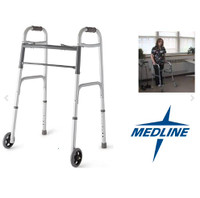 Medline Two-Button Folding Walker with Wheels, 5-Inch -NEW