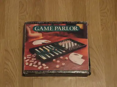 game box with 2 decks of cards, poker dice, backgammon, dominoes, chess