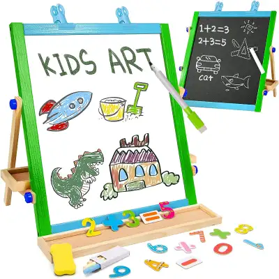 NEW CIRO Toys Tabletop Art Easel for Kids, Wooden Double-Sided Magnetic Dry Erase Board & Chalkboard...