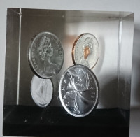 Vintage Lucite Paperweight  with 1972 Canadian Coins