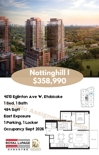 NOTTINGHILL CONDO ASSIGNMENT FOR SALE!!!! 1 Bed, 1 Bath, with PARKING+LOCKER ONLY $358k Occupancy Se...