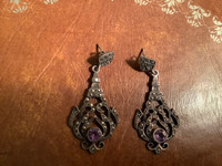 Gorgeous Vtg Sterling Silver Amethyst & Marcasite Drop Earrings
