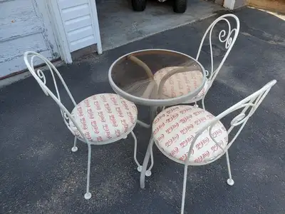 Set of 3 Coca Cola Wrought Iron Chairs. Coke. Table., View more