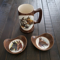 Vintage 1970's horse equestrian Ceramic mug with two soap dishes