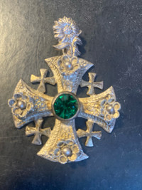 Vintage 925 Sterling Silver Cross,  Pendant Emerald Gemstone  