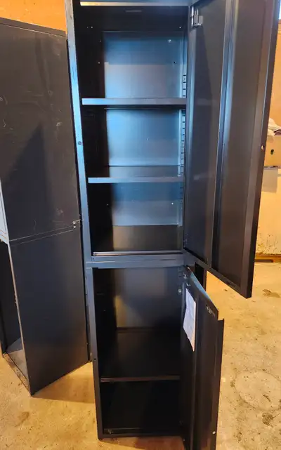 4 tall steel storage cabinets, black (each cabinet is 2 smaller ones stacked together); great storag...