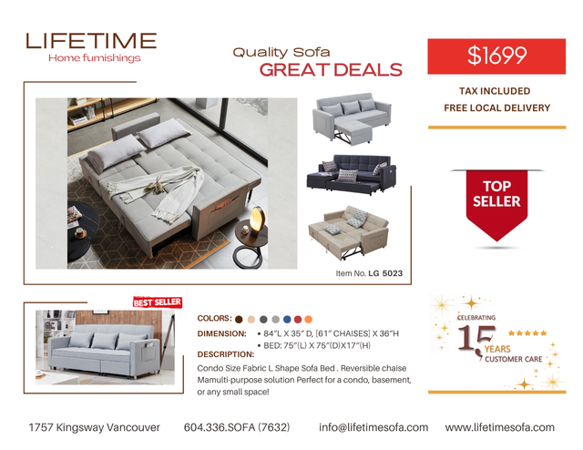 Fabric sectional sofa and chaise with hide-a-bed and storage in Couches & Futons in Vancouver - Image 5