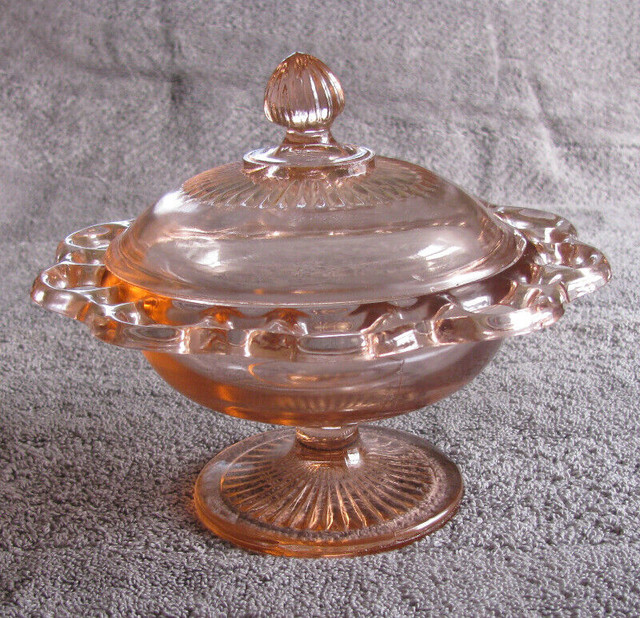 Pink Depression Glass Open Lace Edge Compote & Flower Frog 2 Lot in Arts & Collectibles in Saint John - Image 2