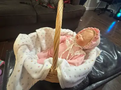 Vintage Sleeping Baby Porcelain Doll with Basket, View more