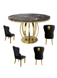 Black Glass 51" Diameter Dining Table Gold Base refined living 