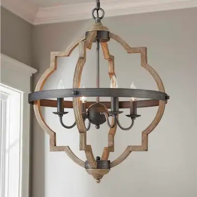 Farmhouse Globe Chandelier 4 Light Rustic Oak, New, View more