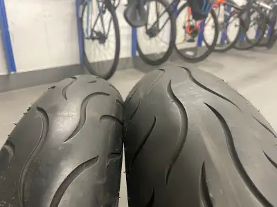 Motorcycle tires Dunlop Sportmax, used on a DRZ supermoto. 2.5mm tread left Front: 120:70:17 Rear: 1...