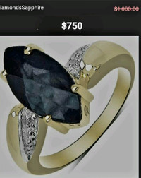 Womans 14K Yellow Gold , Diamond,  AAA 2.5CT Sapphire Ring
