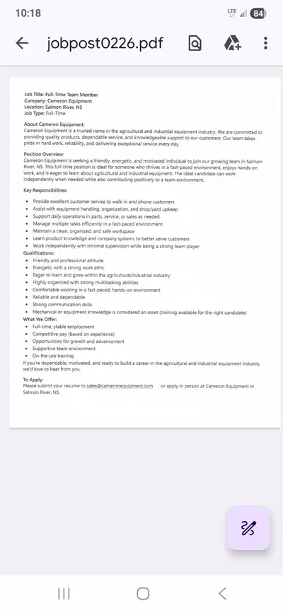 Customer service professional required for busy agricultural/industrial shop in Truro, NS. See attac...