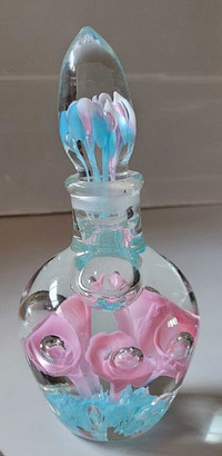 Vintage Clear Blown Glass Pink and Blue Flowers Perfume Bottle 