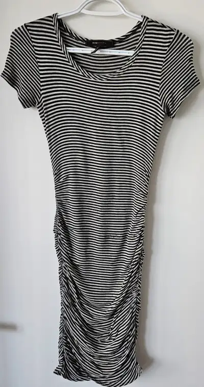 BCBG Max Azaria White & Black Striped Ruffled Dress, Size S, View more