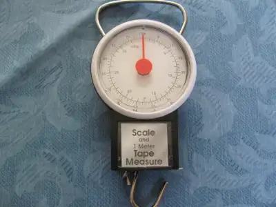Suitcase Weight Scale for travel with a hook and tape measure. Weighs up to 75 pounds. Price $10