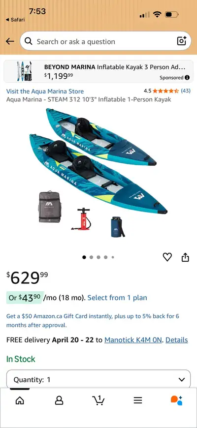 Brand New Aqua Marina - STEAM 312 10'3" Inflatable 1-Person Kaya, View more