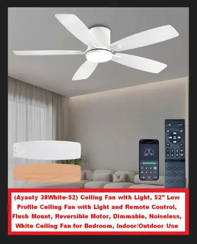 (NEW) Ceiling Fan White 52” & Light Low Profile Remote Control, View more