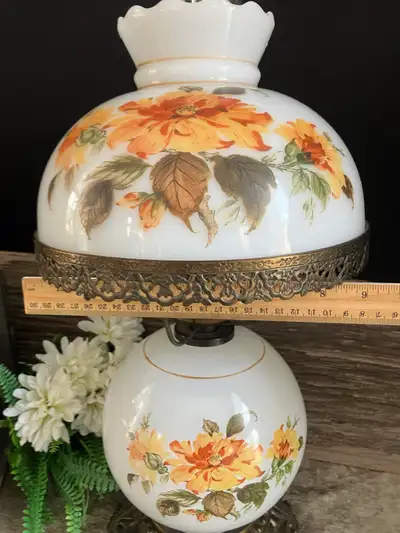 19.5” Milk Glass Hurricane lamp with orange floral design , View more