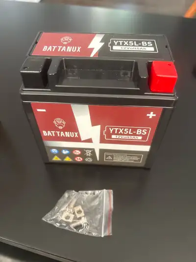 This is a new Battanux YTX5L-BS 12V5Ah motorcycle battery, designed as a sealed SLA/AGM replacement...