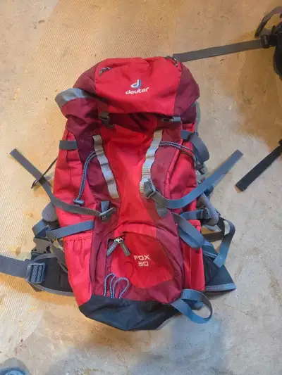 Deuter fox 30 kids height adjustable backpack. used on three trips. Like new. Comes with rain cover....