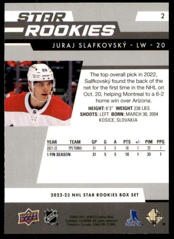 UPPER DECK … 2022-23 NHL STAR ROOKIES SET … SLAFKOVSKY, BENIERS in Arts & Collectibles in City of Halifax - Image 4