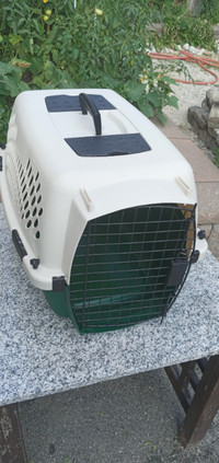 Dog crate, portable, small, metal door, durable plastic, unused