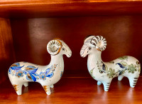 A pair of large vintage Mexican art pottery ram figurine signed