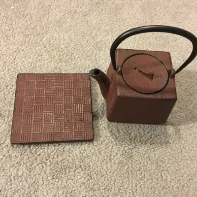 Vintage Red Japanese Cast Iron Square Tea Pot Kettle With red cast stand Made in Japan. Brand new. N...