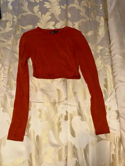Long sleeve cropped top. Rust orange colour. Soft material. Simple, casual style.