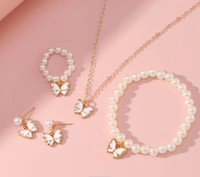 Girls Elegant Butterfly Charm Pearl Jewelry Set - Necklace, 