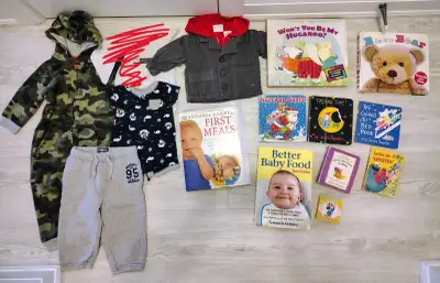 Baby clothes and books lot, View more