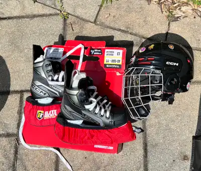 CCM Youth Hockey Set – Skates (Size 13), Helmet + Cage, View more