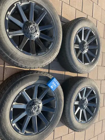 Satin Black Fuel Contra 20x9 6x139.7 +20 offset with tire pressure sensors 275 /60 R20 Toyo Open Cou...