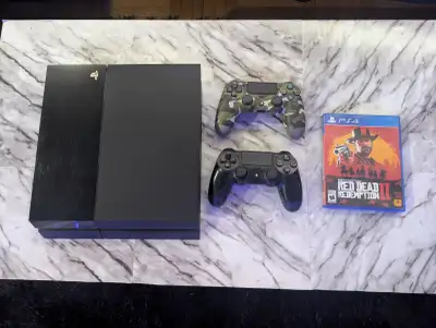 Playstation 4 Console + Cables 2 Controllers Red Dead Redemption 2 Game
