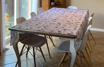White dining table chairs (8 in total): $50, View more