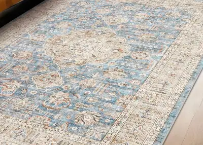  Persian-Inspired Floral Rug in Blue, Cream, & Warm Brown, View more