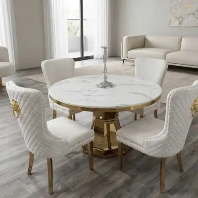 Round Marble Dining Table with Gold Base and Cream Chairs, View more