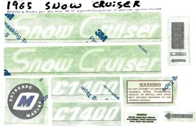 Ensemble de décalques (stripes) de motoneige Snow Cruiser 1965-1966-1967 Illustrés sont les 7 ensemb...