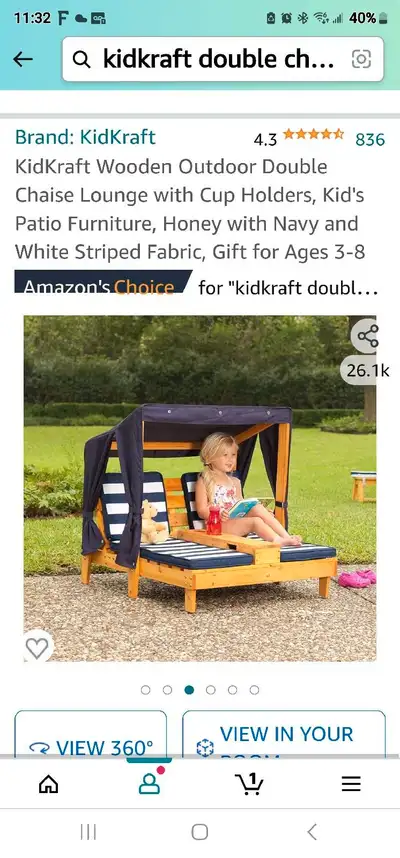 KidKraft Wooden Outdoor Double Chaise Lounge with Cup Holders, Kid's Patio Furniture, Honey with Nav...