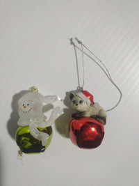 Christmas Ornament: Jingle bell cat and glass snowman late 90s