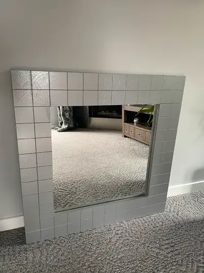Pier 1 Imports square patchwork mirror painted silver from original multi-coloured frame. Solid/ hea...